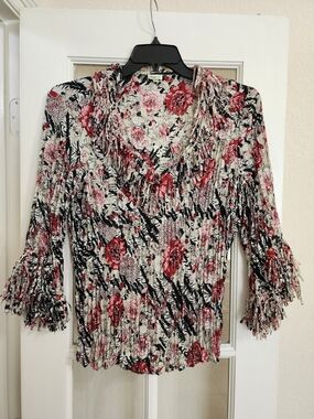 Agora XL Accordion Pleated Boho Floral Fringe Peasant Blouse